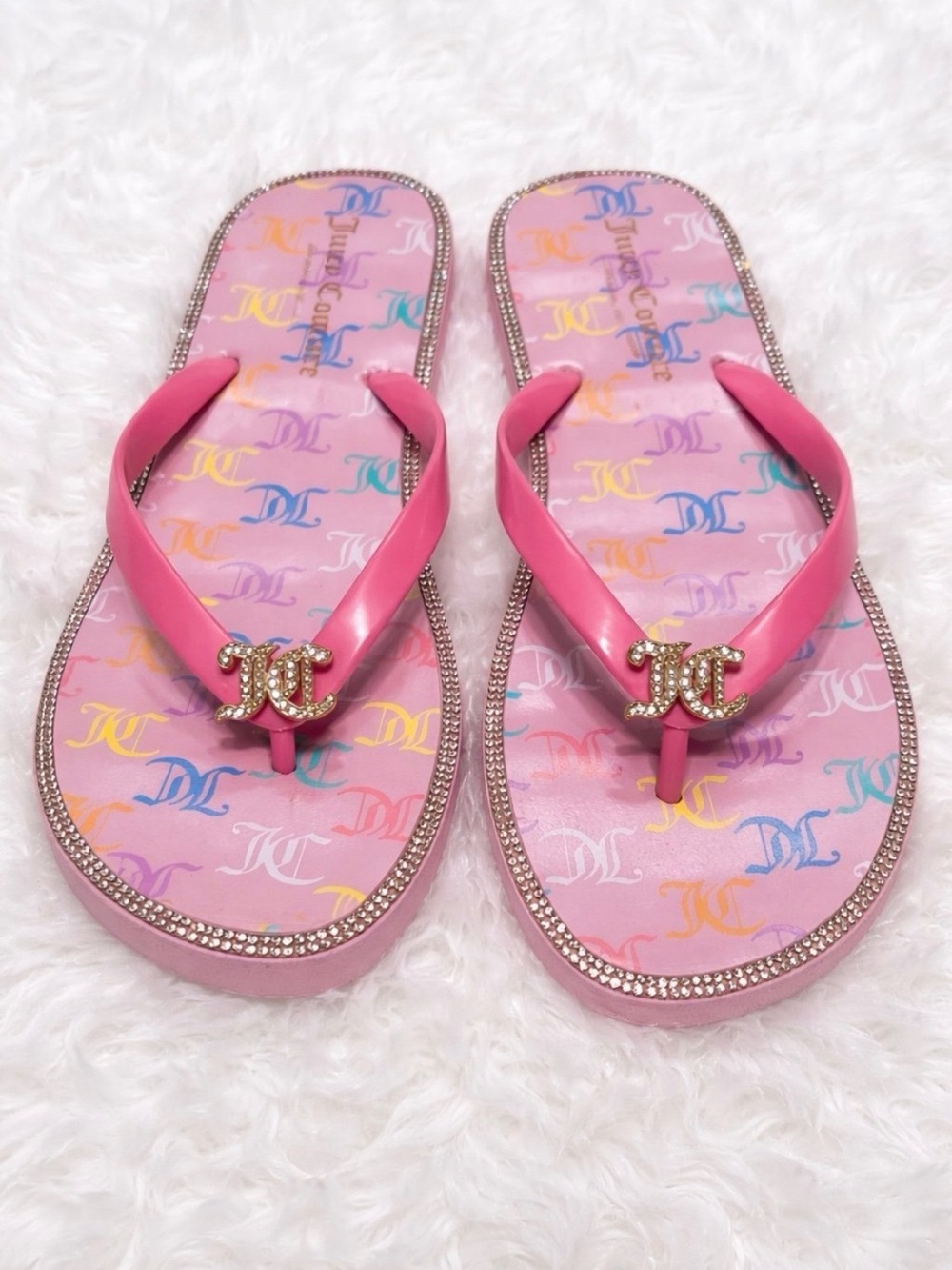 Juicy Couture Pink Crystal-Trim Logo Flip Flop Sandals